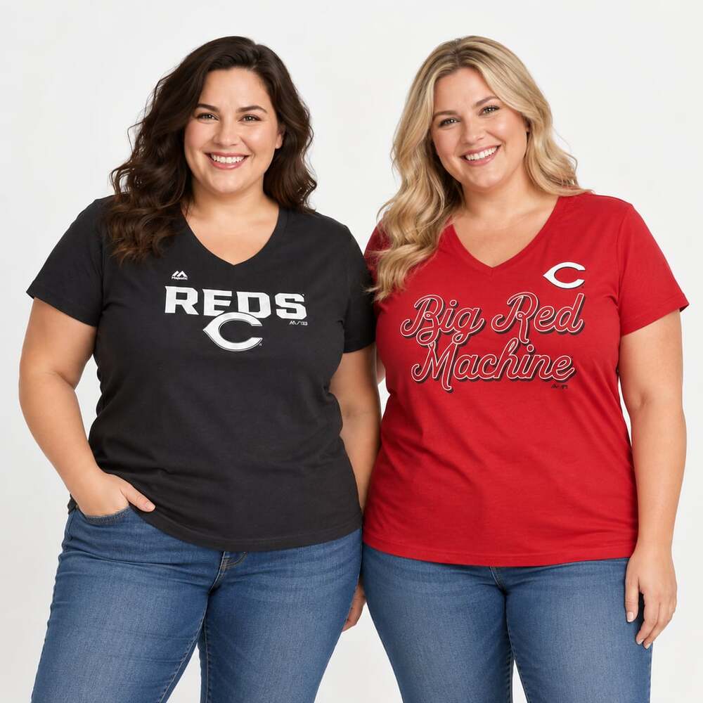 Cincinnati Reds Majestic Women’s 2XL V-Neck Shirt Bundle – 2 Tees